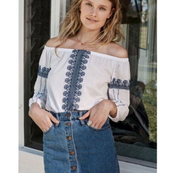 MADEWELL White Blue Cotton Off Shoulder Peasant Embroidered Blouse Top Small - Picture 2 of 10